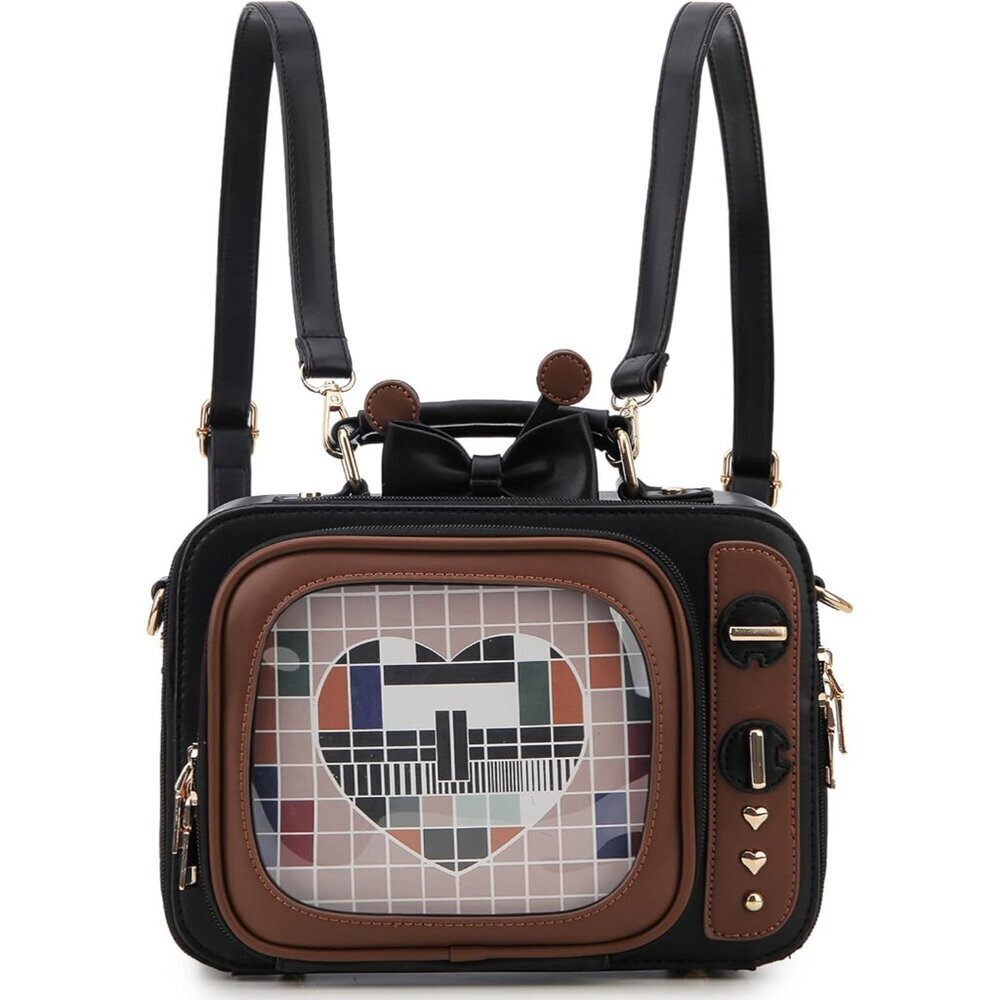 Retro TV Shaped Ita Backpack with Pin Display and Inserts Crossbody Purse